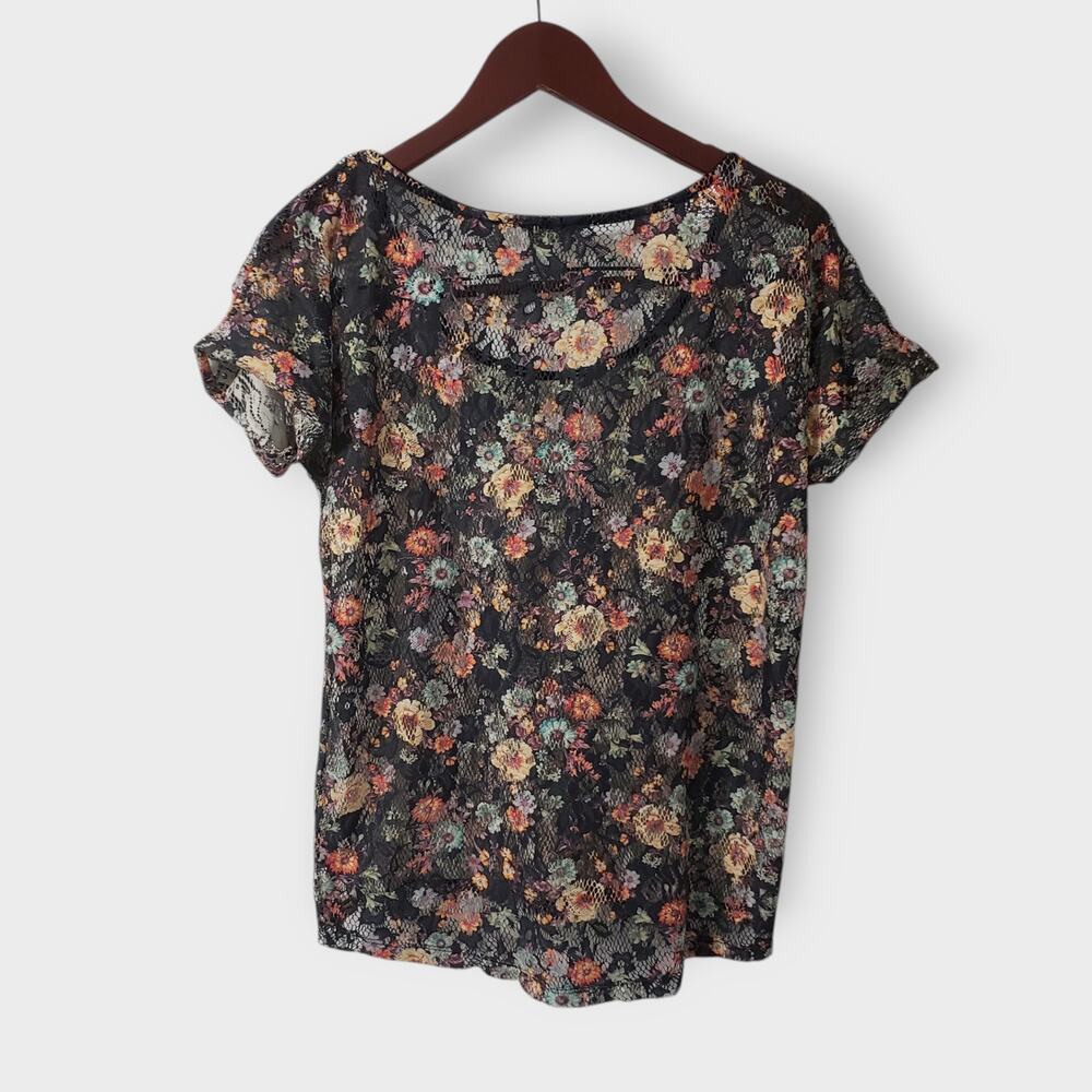 Pull & Bear Floral Crochet Lace‎ Top Medium Black Ditsy Print Y2K Sheer Grunge - Picture 5 of 10